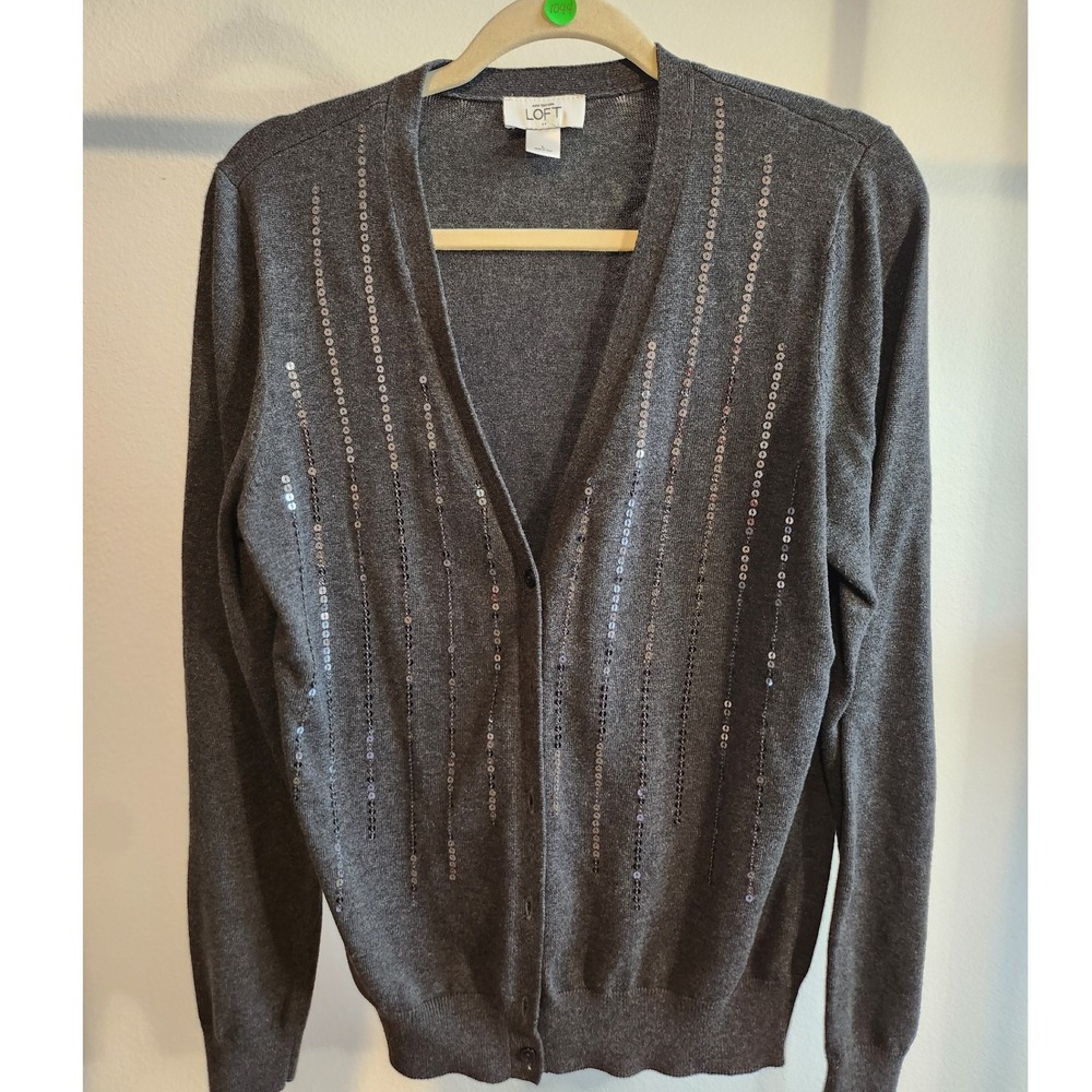 LOFT Women  Gray Cardigan Sweater Sequin Embellished V Neck Button Front Size L